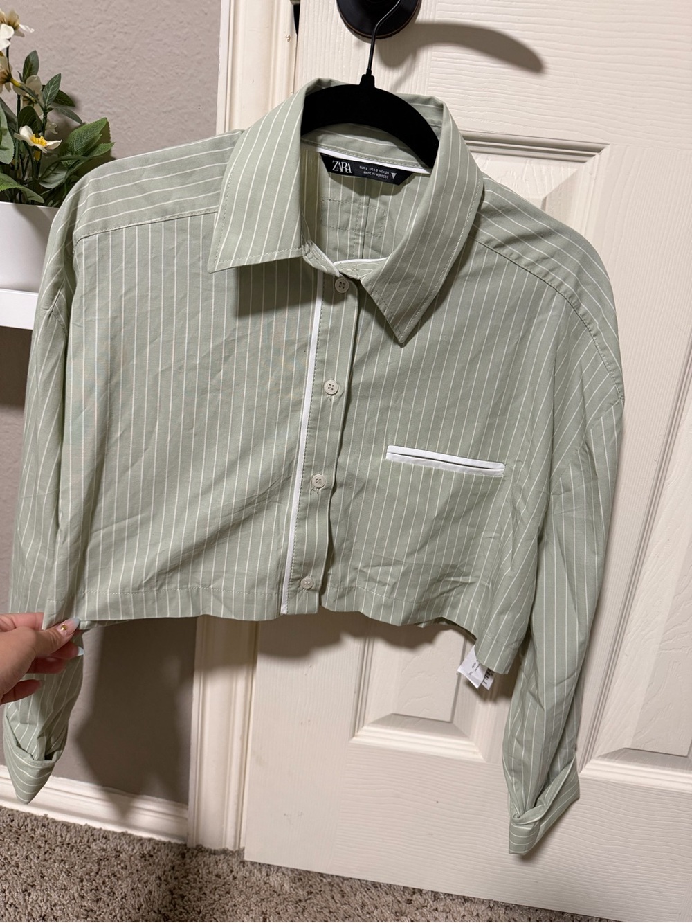 Zara Cropped Pinstripe Button-Up Shirt - Light Sage with White Stripes